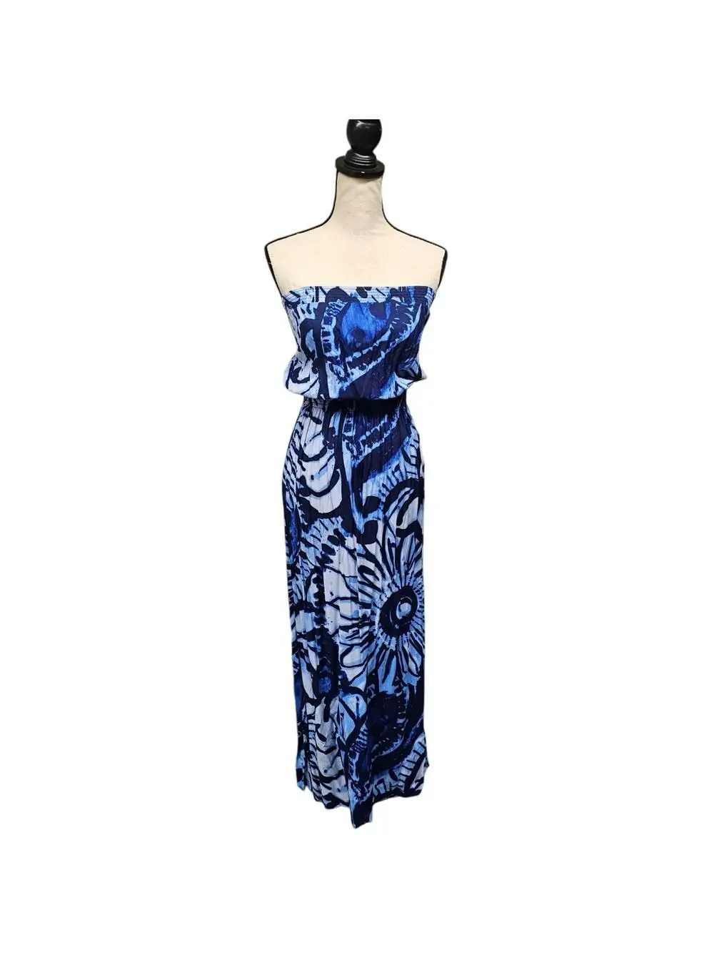 Vtg Womens Strapless Maxi Dress Sz M Blue Shirred Waist Floral Tie Dye Beach USA - Picture 1 of 10